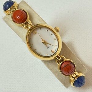 Vintage Avon Scarab Beetle Mother Of Pearl Women's Gold Bracelet Watch F300857